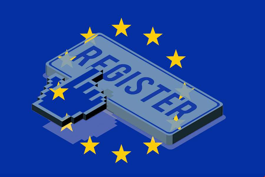 Knapp for register kombinert med EU-flagg.